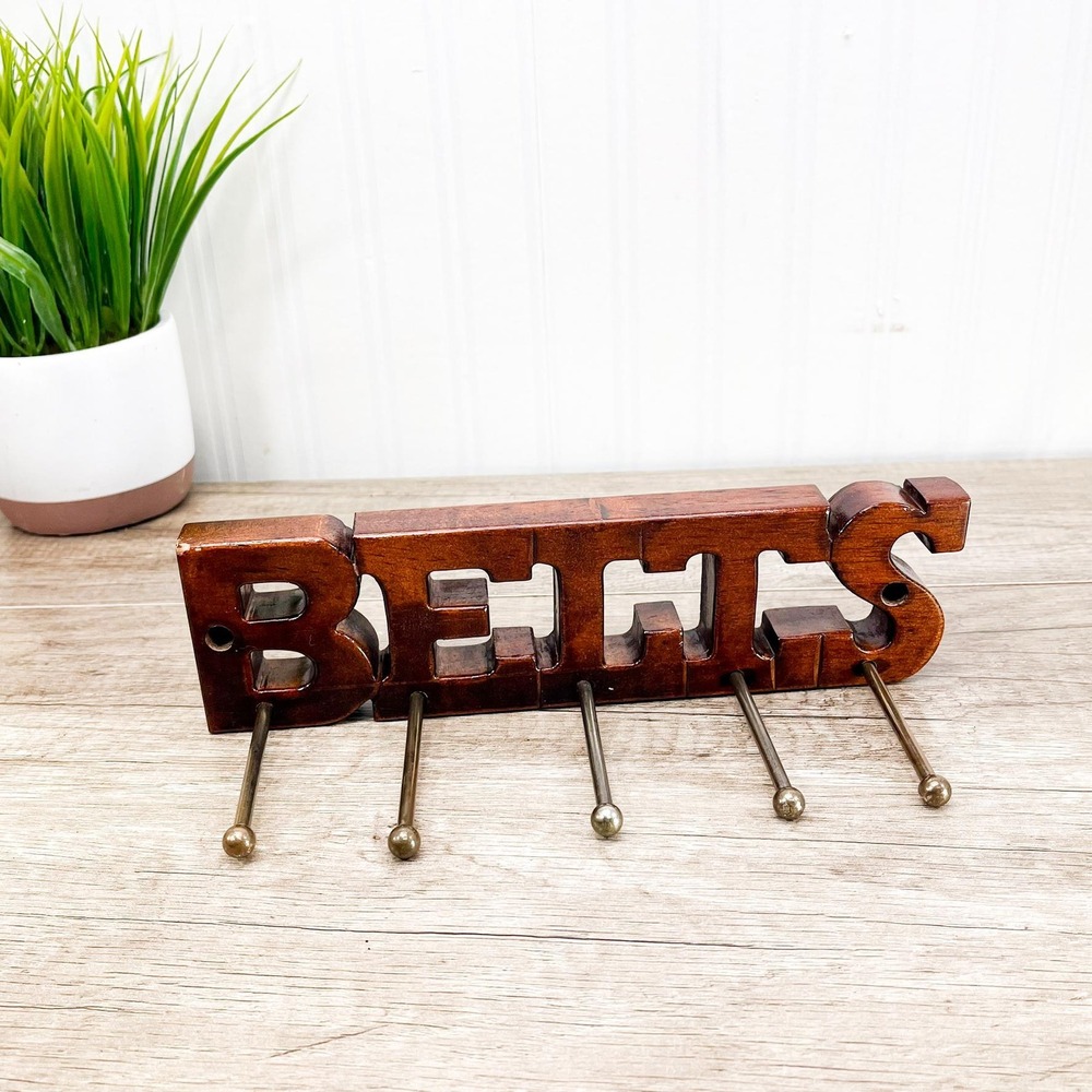 Vintage Wooden Belt Rack: 5 Brass Pegs‎